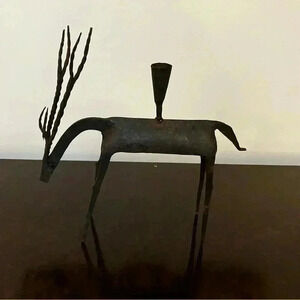 Brutalist MCM Metal Rustic Antelope/Deer Candlestick Holder Fall/Holiday